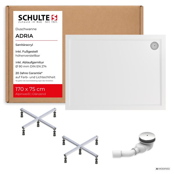 Schulte Adria Duschwanne 170x75 cm aus Sanitäracryl inklusive höhenverstellbarem Fußgestell und Ablaufgarnitur