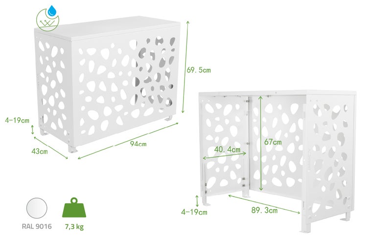 Abdeckung für Mülltonne, aus Metall mit Lochmuster, inklusive Maßangaben