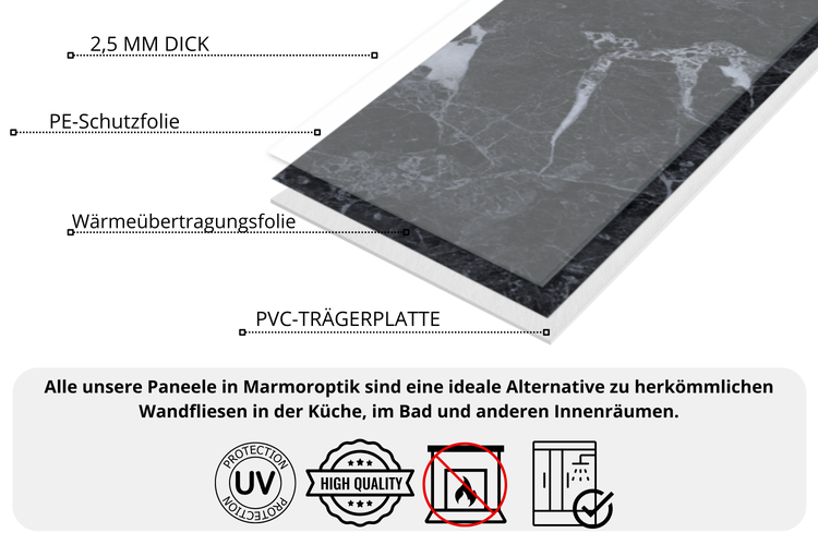 3D Wandpaneel Marmoroptik PVC 120x60cm – Luxuriöse Wandverkleidung DIY-Montage, Alternative zu Fliesen für Bad & Küche Schwarz 02