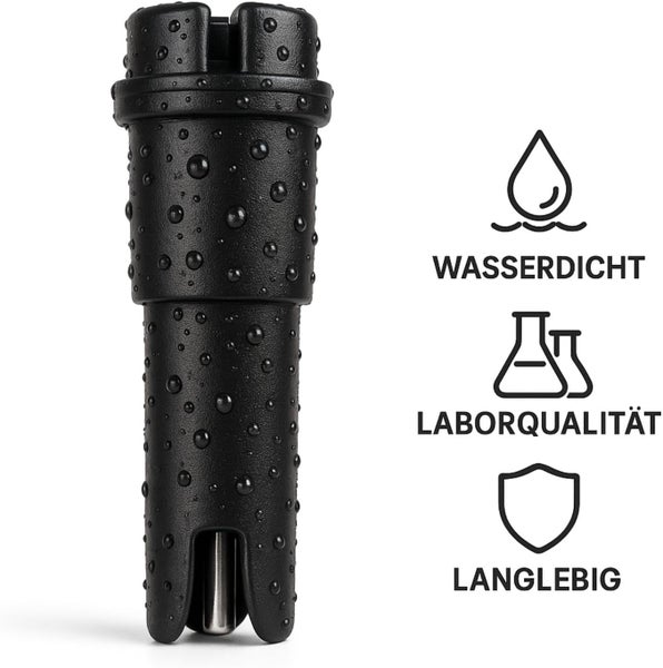 Schwarzer Sensor mit Wassertropfen sowie Symbolen für Wasserdichtigkeit, Laborqualität und Langlebigkeit.