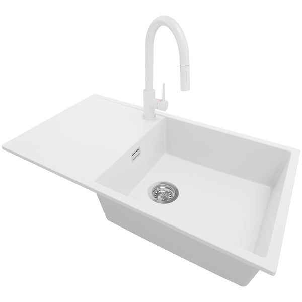 PRIMAGRAN Granitspüle Weiß 90x50cm, Spülbecken 1 Becken + Küchenarmatur 40x20cm + Ablauf-Set, Küchenspüle ab 60er Unterschrank - Ibiza