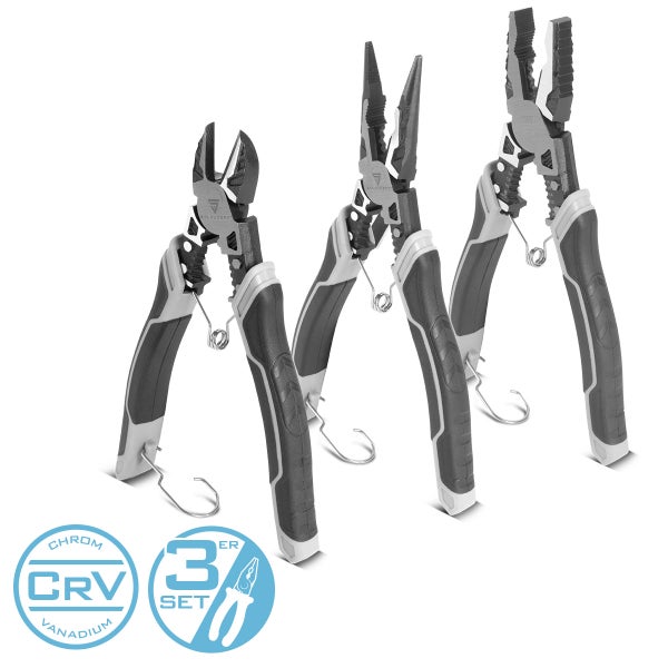 3-teiliges Zangenset aus Chrom-Vanadium-Stahl mit Seitenschneider, Flachrundzange und Kombizange mit ergonomischen Griffen.