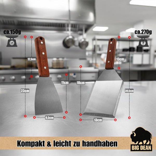 Zwei Grillwender aus Edelstahl mit Holzgriff und Maßangaben