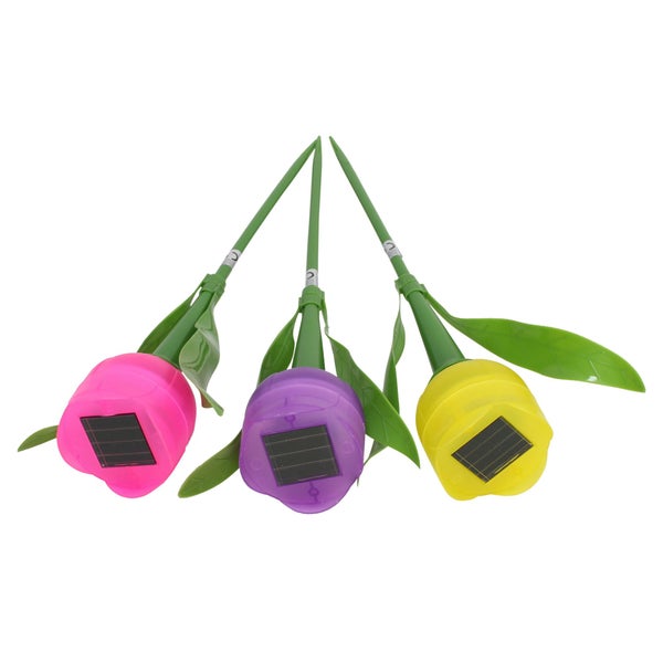 Drei Solar-Gartenstecker in Tulpenform aus Kunststoff in den Farben Gelb, Pink und Lila.