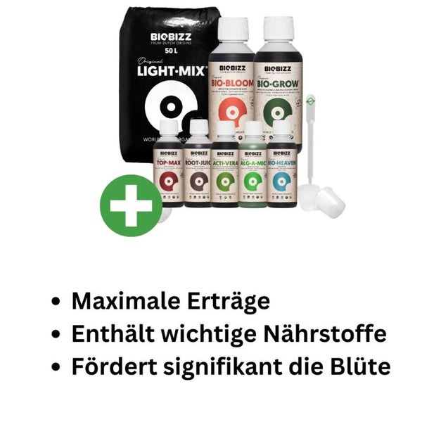 BioBizz Light Mix Erde-Set Big – 50L Bio-Erde + Komplettdünger-Set mit Grow, Bloom, Top-Max, Root Juice, Alg-A-Mic, Acti Vera & Heaven – inkl. Pipette für präzise Nährstoffversorgung