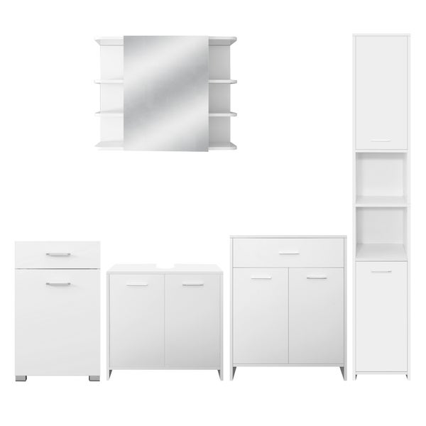 ML-Design Badmöbel-Set 5-teilig Badezimmermöbel Set Badmöbel Komplettset Spiegelschrank Waschtisch mit Unterschrank Hochschrank Badezimmerschrank Wäscheschrank, Stil Modern, Weiß, Holz, viel Stauraum