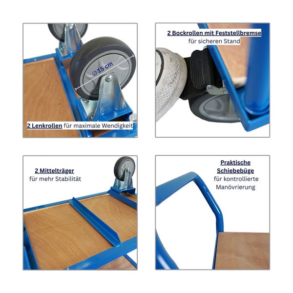 Detailansicht Transportwagen mit zwei Lenkrollen, zwei Bockrollen mit Feststellbremse, zwei Mittelträgern und Schiebebügel