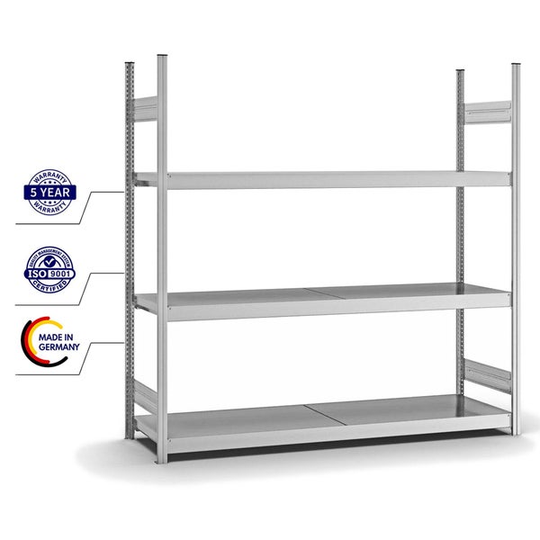 PROREGAL Weitspannregal Stecksystem T-Profil Grundregal HxBxT 200x200x50 cm 3 Ebenen Stahlplatten Fachboden Fachlast 350 kg Verzinkt
