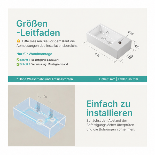 Maßzeichnung für ein Wand-Waschbecken, 405 mal 205 mal 105 Millimeter, inklusive Installationshinweis für 150 Millimeter Lochabstand.