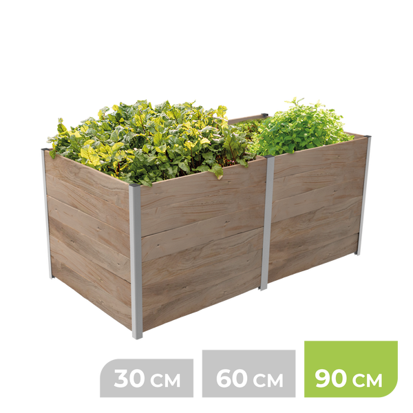 Hochbeet aus Holz mit Metallrahmen, Höhe 90 Zentimeter, bepflanzt mit Blattgemüse und Kräutern.