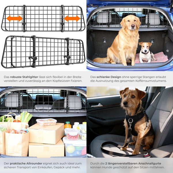 Verstellbares Hundeschutzgitter aus schwarzem Stahl für den Kofferraum, inklusive zwei Sicherheitsgurten für Hunde und Ladungssicherung.