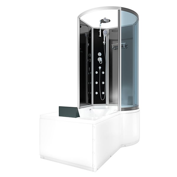 Dusch-Badewannen-Kombination mit weißer Wanne, schwarzer Kopfstütze, gebogener Glasduschkabine, Massagedüsen, Handbrause und Regenduschkopf.