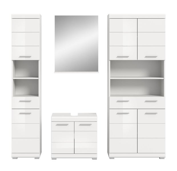Badezimmermöbel-Set in Weiß Hochglanz bestehend aus Hochschrank, Waschbeckenunterschrank, Spiegel und breitem Schrank mit Regalfächern.