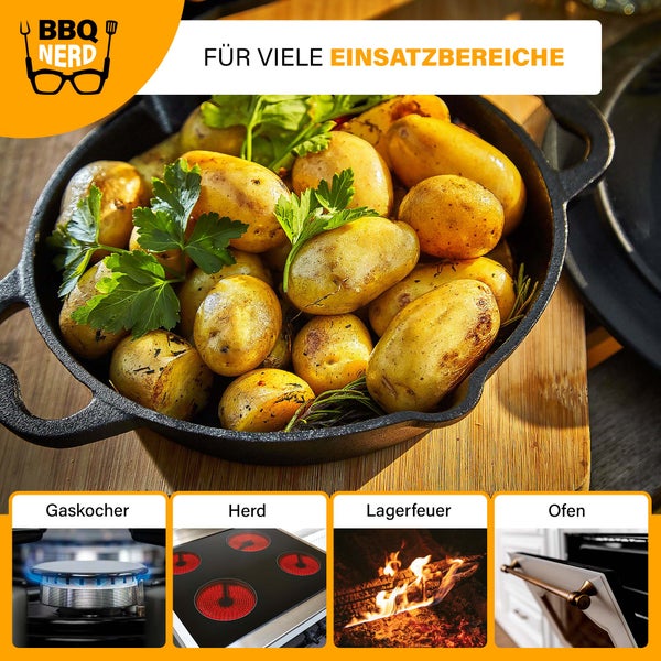 BBQ Nerd Gusseisenpfanne zum Grillen, Rösten, Anbraten | Grillpfanne Ø 20 cm 1650g mit Ausgießer und Henkel | Antihaft-Pfanne Feuerpfanne - hitzebeständig & wärmespeichernd