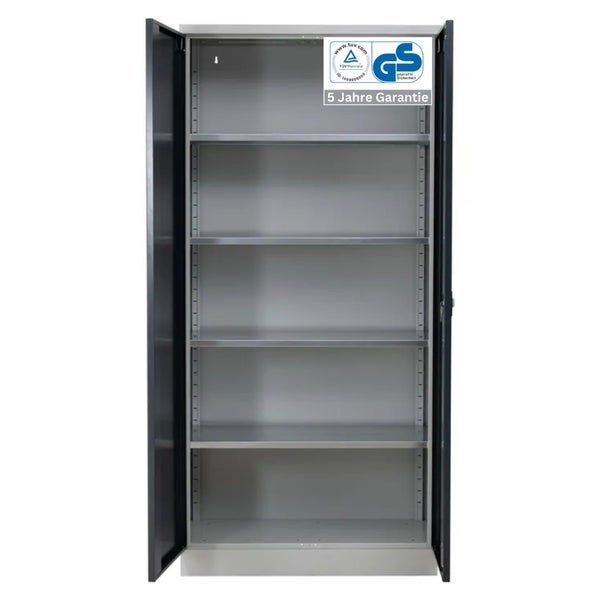 PROREGAL Stahlschrank Bee 6 Fachböden HxBxT 195 x 92 x 42 cm Pulverbeschichtetes Fachbodenmaterial Grau & Schwarz