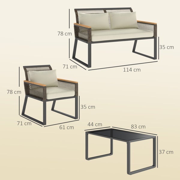 Outsunny Polyrattan Gartenmöbel Set 4 Personen wetterfest Balkonmöbel-Set mit 2er Sofa, 2 Stühle Glastisch Kissen Outdoor Sitzgruppe Gartengarnitur Gartenlounge für Garten Balkon Grau+Beige