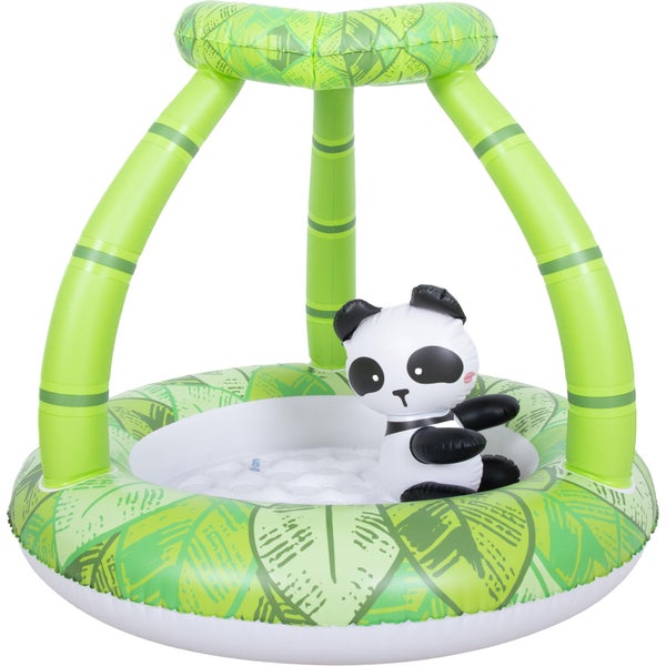 Aufblasbares Baby-Planschbecken mit Sonnenschutz im Blätter-Design und einer aufblasbaren Panda-Spielfigur.