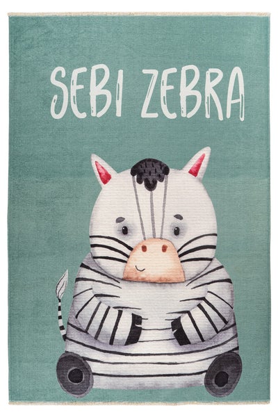 Kinderteppich mit Zebra Motiv und Schriftzug Sebi Zebra in rechteckiger Form mit Fransen