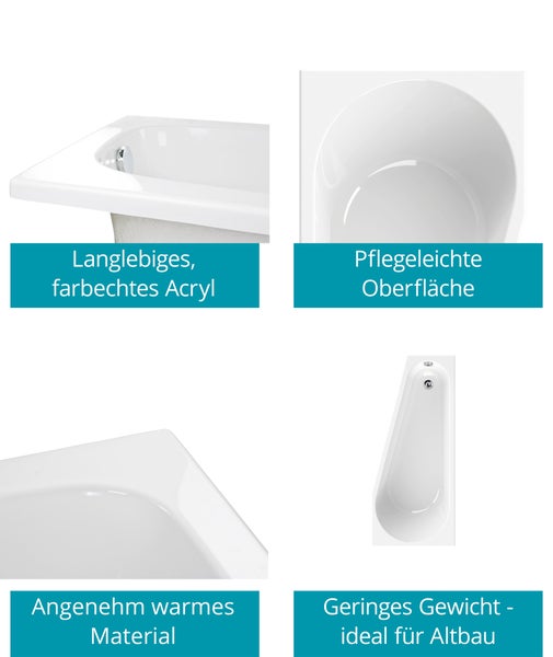 Badewanne aus langlebigem Acryl mit pflegeleichter Oberfläche, warmem Material und geringem Gewicht, ideal für Altbauten.