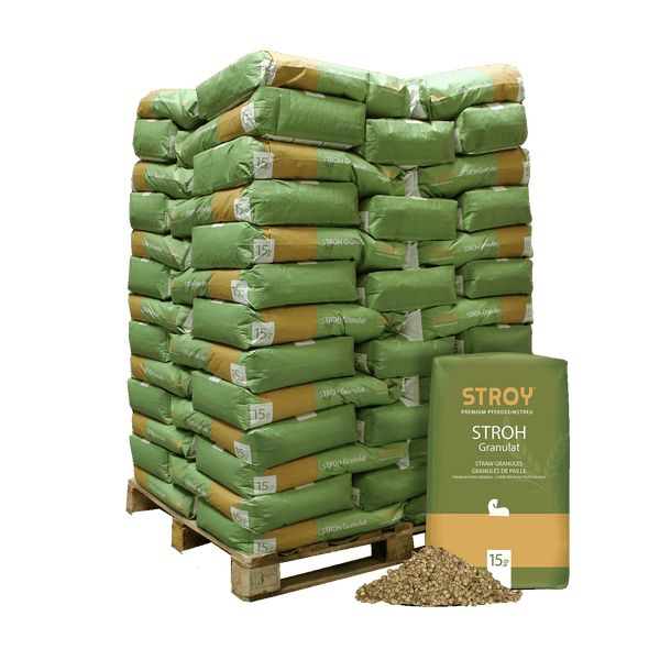 Palette STROY Strohgranulat Einstreu für Pferde, 15 Kilogramm Säcke. STROY Logo.