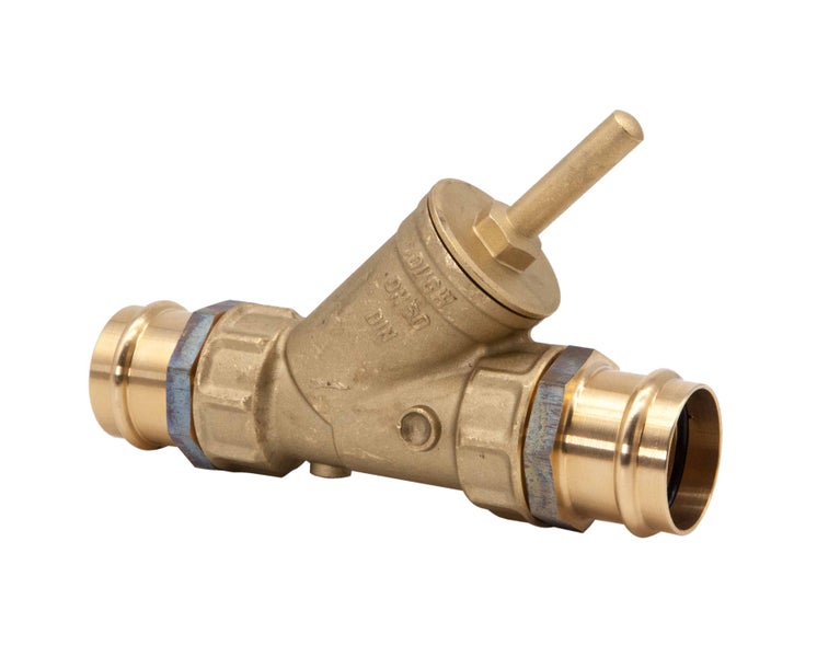 Schrägsitzventil aus Messing mit Pressanschlüssen für Sanitär- und Heizungsinstallationen.