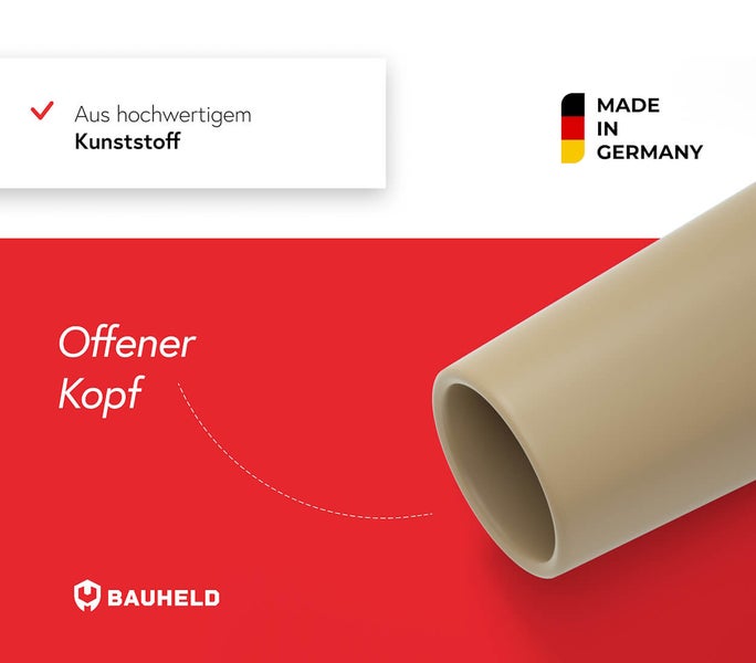 Kunststoffrohr mit offenem Kopf und Herkunftsnachweis Made in Germany
