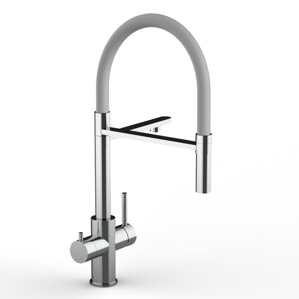5 Wege Wasserhahn Küchenarmatur, Edelstahl Massiv mit 360° schwenkbarem Auslauf, abnehmbare 2 strahl Handbrause, Hochglanz / Grau
