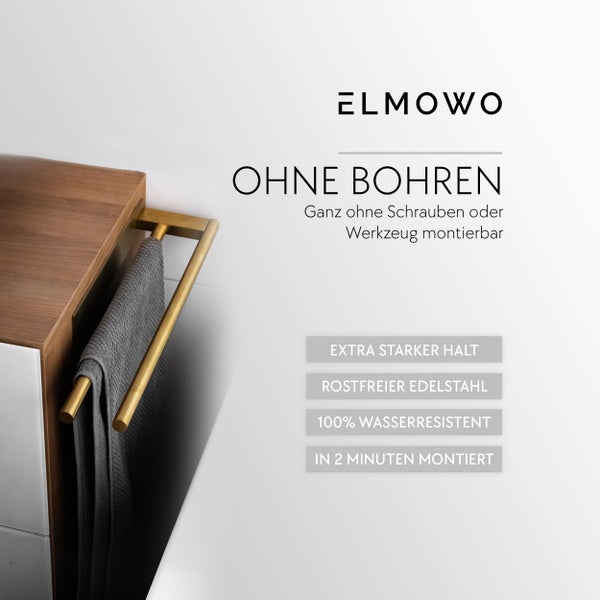 Elmowo Handtuchhalter aus rostfreiem Edelstahl zur Montage ohne Bohren an einem Badezimmerschrank mit aufgehängtem Handtuch.