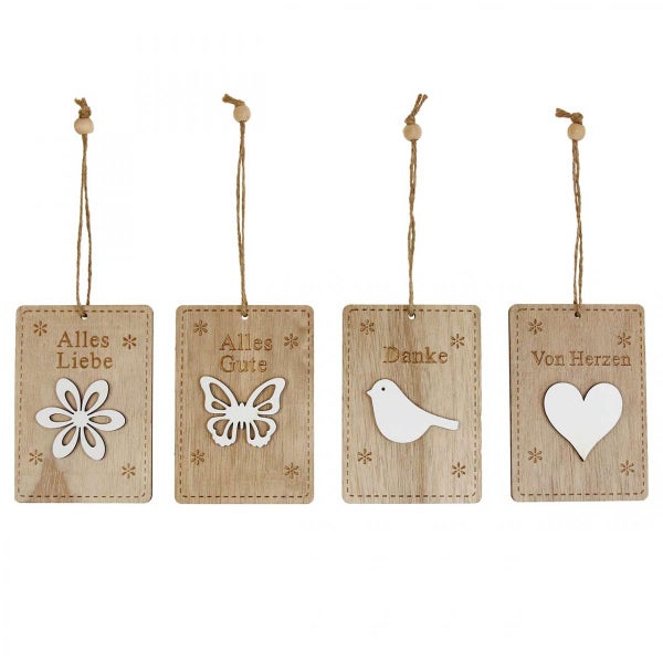 Dekorative Holzanhänger mit Motiven und Schriftzügen