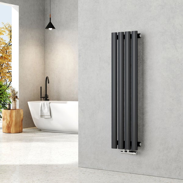 EMKE Badheizkörper 900×240 mm, Vertikal, Designheizkörper Anthrazit, Einzelrohr-Ovalprofil, 266 W, Warmwasser, Mittelanschluss, für Badezimmer