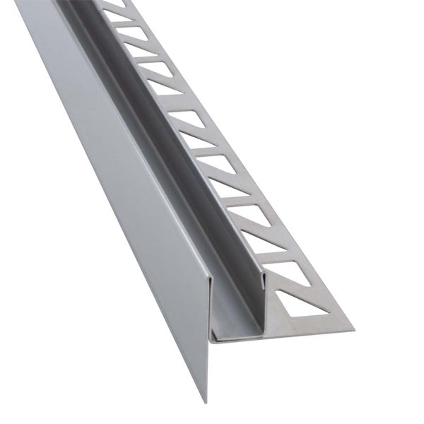 Balkonabschlussprofil aus Aluminium mit Tropfkante und gelochtem Schenkel zur Fliesenverlegung.