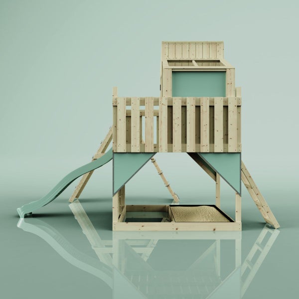 Spielturm mit Rutsche, Sandkasten und Kletterleiter aus Holz