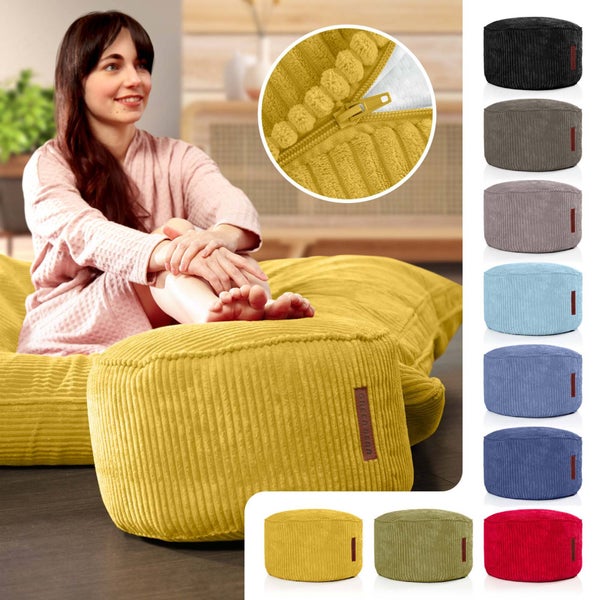 Green Bean Pouf-Kissen 45x25cm mit EPS-Perlen Füllung & Cordstoff Bodenkissen Liegekissen Sitzkissen Sitzhocker Sessel Kinder Erwachsene Stoff Hocker Ablage Gelb