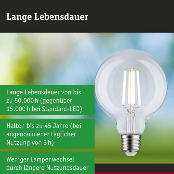 LED-Filament-Leuchtmittel mit einer Lebensdauer von bis zu 50.000 Stunden oder 45 Jahren bei 3 Stunden täglicher Nutzung.