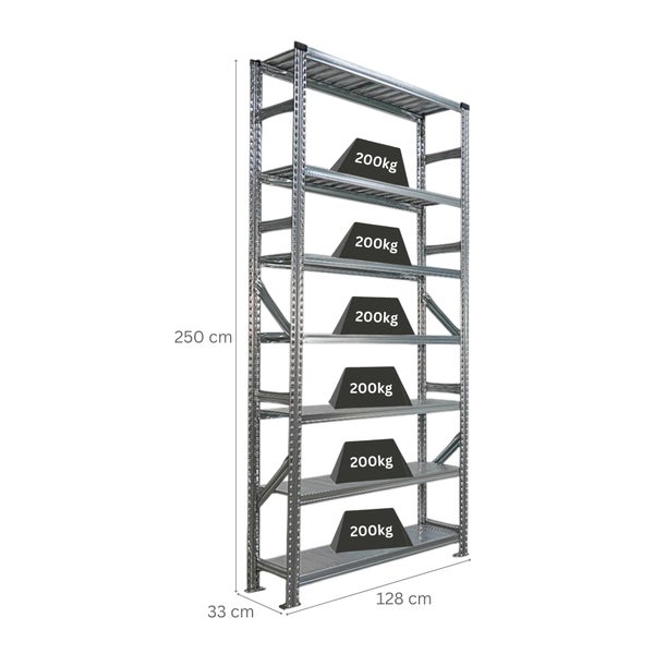 Metallregal mit sechs Ebenen und Gewichtsangabe