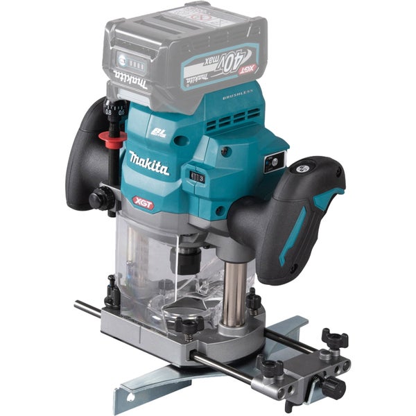 Makita 40 Volt Akku-Oberfräse mit bürstenlosem Motor, Parallelanschlag und zwei ergonomischen Griffen.