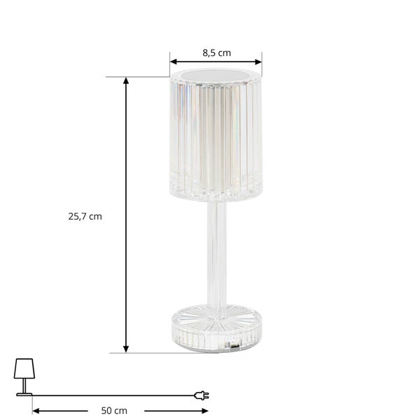 Tischleuchte aus Kunststoff in Kristalloptik. Höhe 25,7 Zentimeter, Durchmesser 8,5 Zentimeter, Kabellänge 50 Zentimeter.
