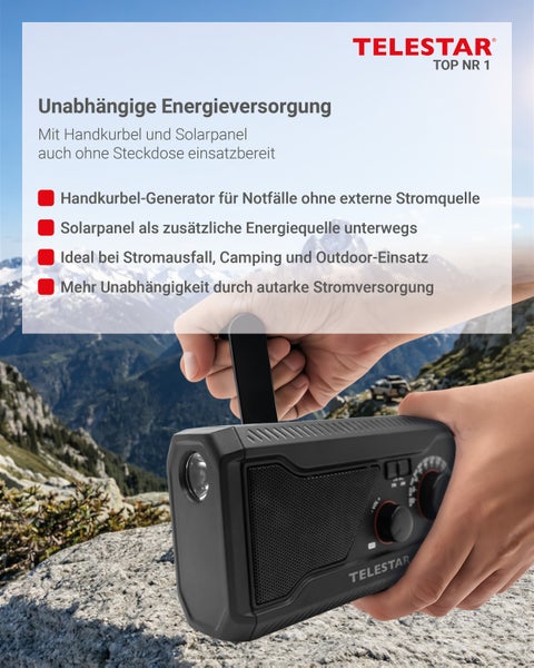 Telestar Notfallradio mit Handkurbel und Solarpanel für autarke Stromversorgung bei Outdoor-Einsätzen und Stromausfällen.