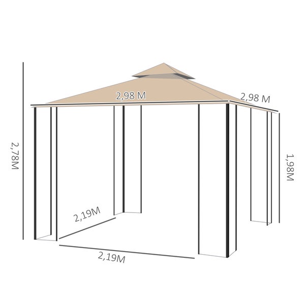 Outsunny Pavillon, mit 4 Ablagen, wetterfest, 2,98 x 2,98 m, Metall + Polyester, Beige