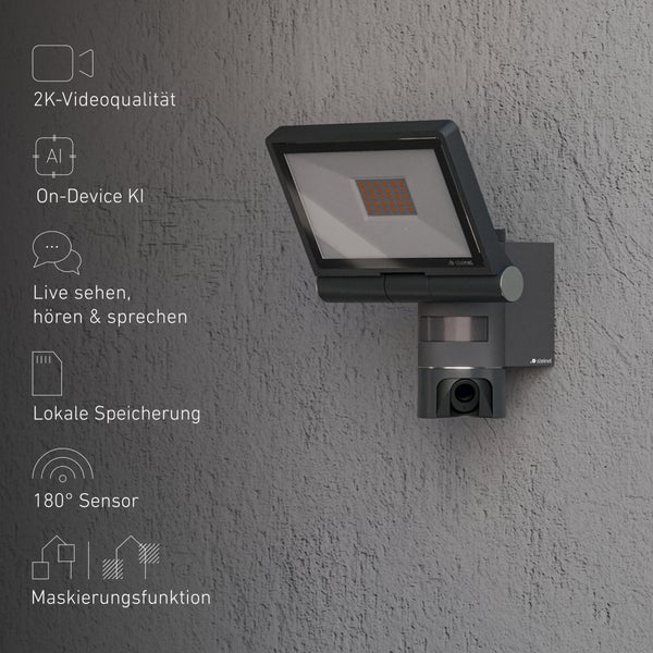 LED-Flutlicht mit Kamera, 2K Videoqualität, künstliche Intelligenz, Gegensprechfunktion, lokale Speicherung, 180 Grad Sensor, Steinel Logo.