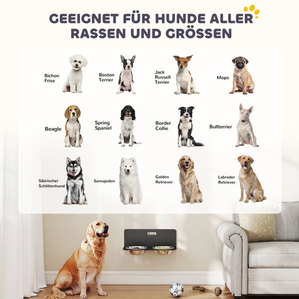 Wandmontierter Napfhalter für Hunde verschiedener Rassen und Größen, mit zwei Edelstahlnäpfen, einer Übersicht von Hunderassen und einem Retriever.