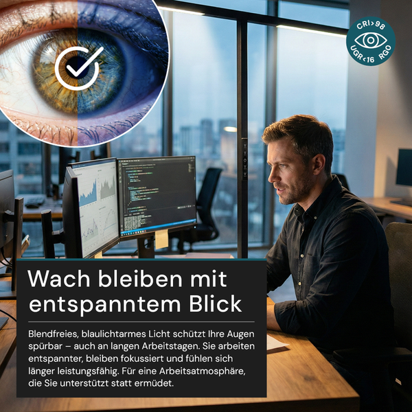 Arbeitsplatzszene mit einem Mann, der an einem Schreibtisch sitzt und an Computern arbeitet, beleuchtet durch eine Stehlampe. Farb Rendering Index größer 98. Unified Glare Rating kleiner 16. RGO.