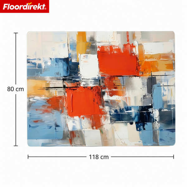 Floordirekt Logo. Bodenschutzmatte mit abstraktem Design, 80 Zentimeter mal 118 Zentimeter.