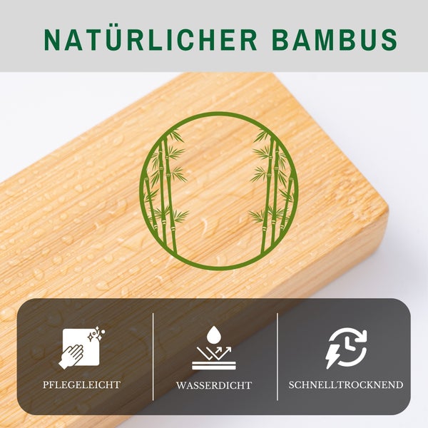 Natürliches Bambusholz mit Wassertropfen und Symbolen für pflegeleicht, wasserdicht und schnelltrocknend.