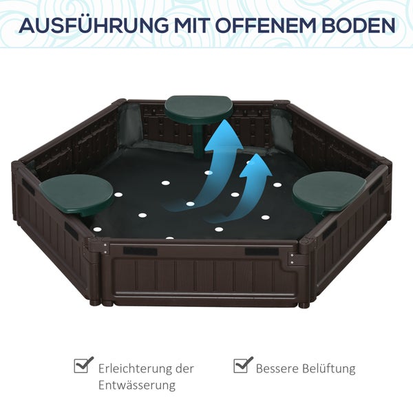Sechseckiger Sandkasten mit Sitzen zur besseren Belüftung und Entwässerung