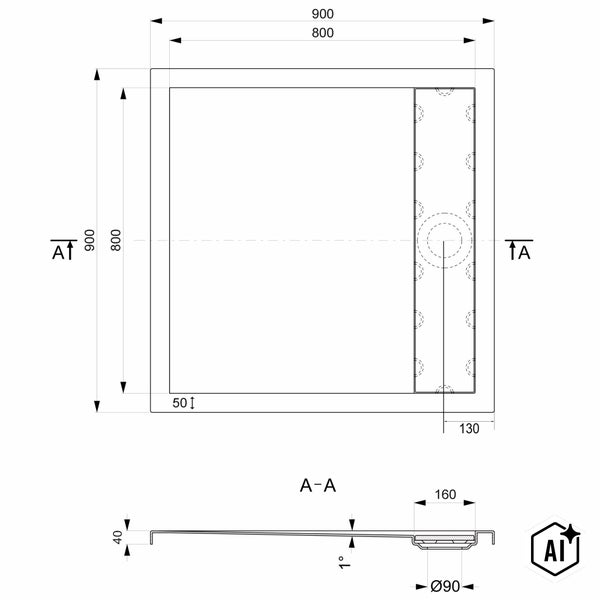 Technische Zeichnung einer quadratischen Duschwanne mit Ablauf, Maße 900 mal 900 Millimeter, Bauhöhe 40 Millimeter.