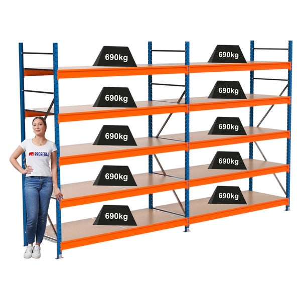 Regalsystem mit vier Ebenen und einer Traglast von 690 Kilogramm pro Ebene.