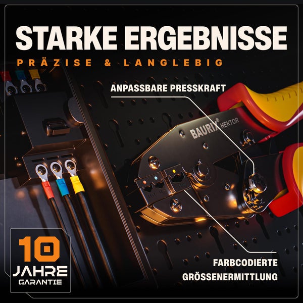 Baurix Hektor Crimpzange mit einstellbarer Presskraft und farbcodierter Größenbestimmung