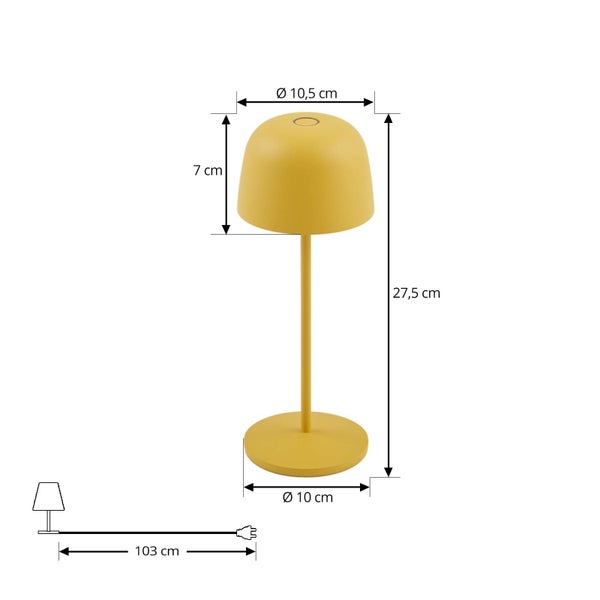 Maßskizze gelbe Tischleuchte: Höhe 27,5 Zentimeter, Schirm Durchmesser 10,5 Zentimeter, Sockel 10 Zentimeter, Kabellänge 103 Zentimeter.