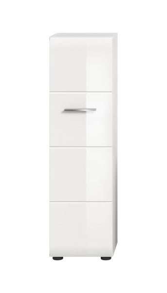 Bad-Hochschrank in Hochglanz weiß mit einer Schublade, einer Tür und Metallgriff.